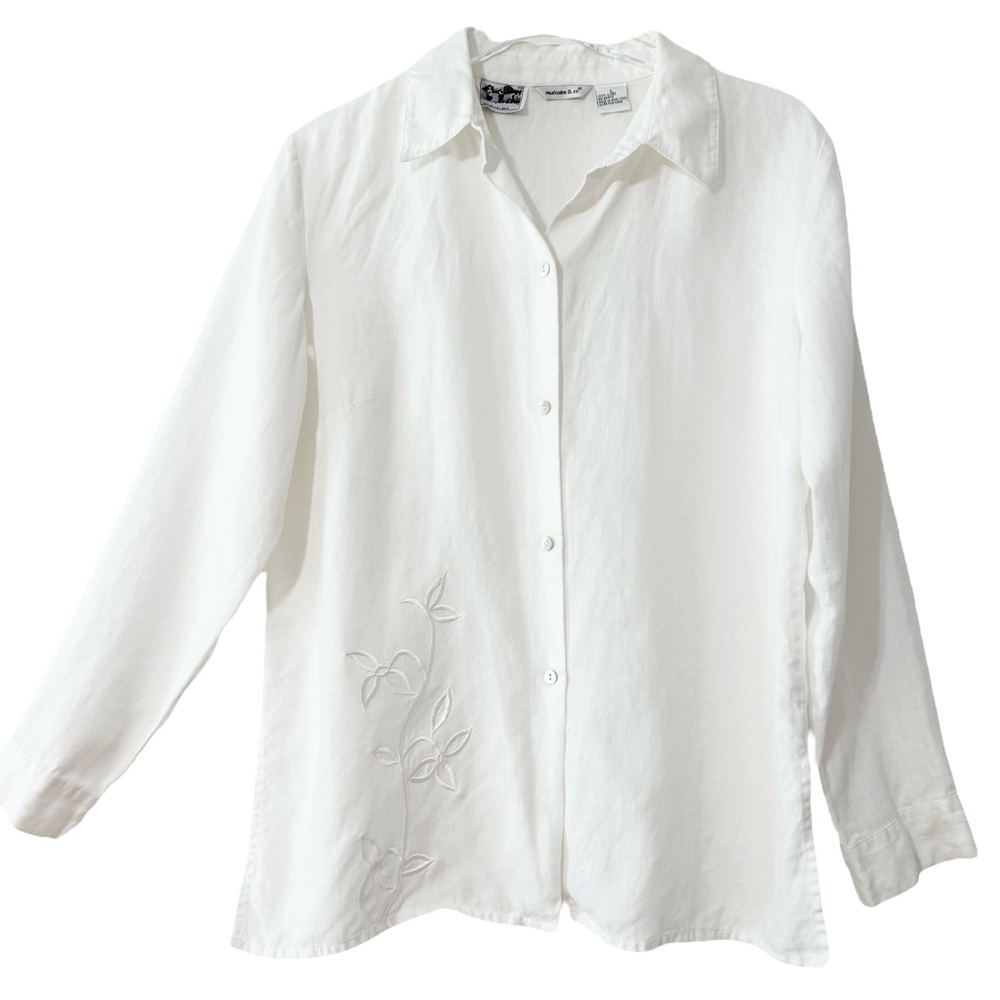 100% Linen Neutral White Embroidered Button-Up Shirt